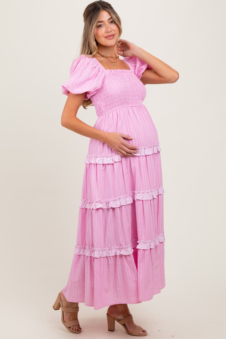 Smocked Ruffle Tiered Puff Sleeve Maxi Dress, Alternate, color, Pink