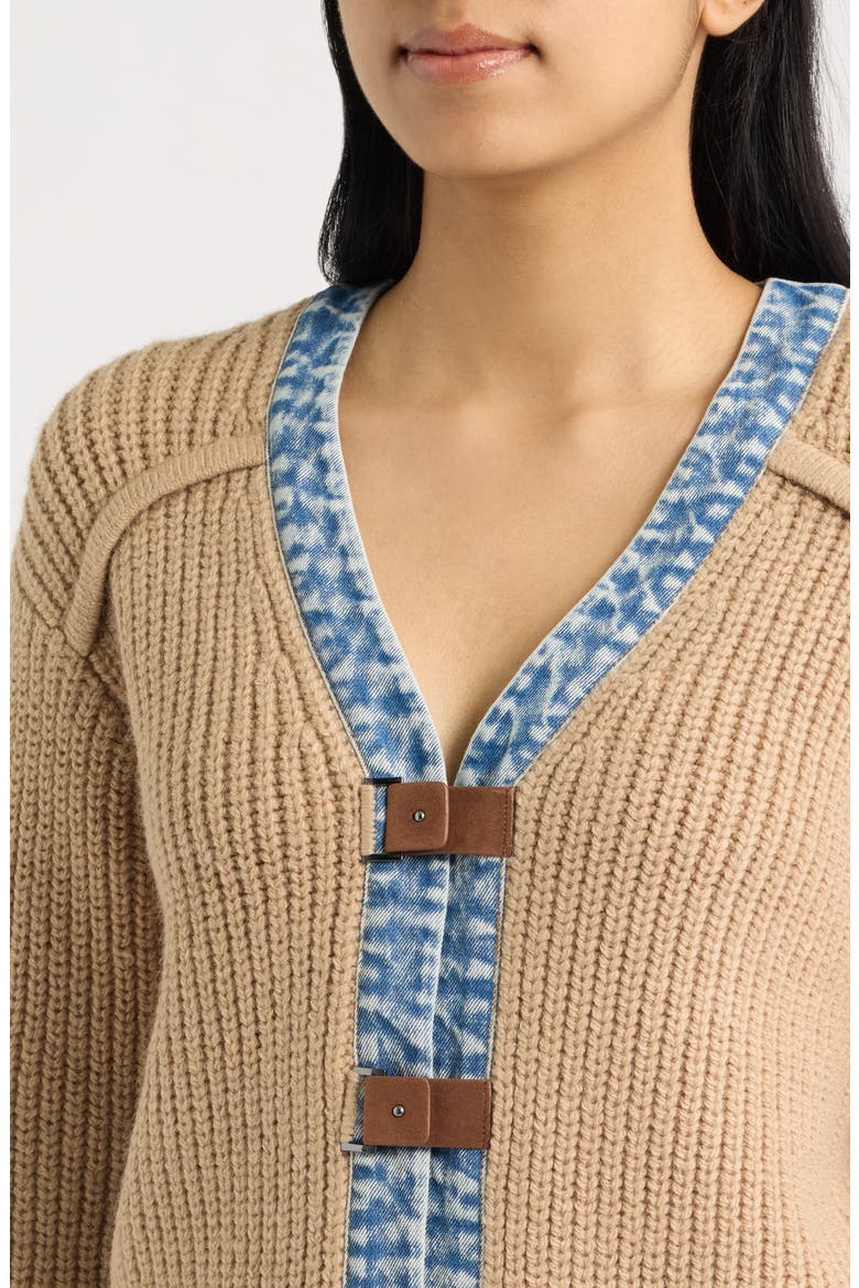 Denim Trim Cardigan, Alternate, color, TAN