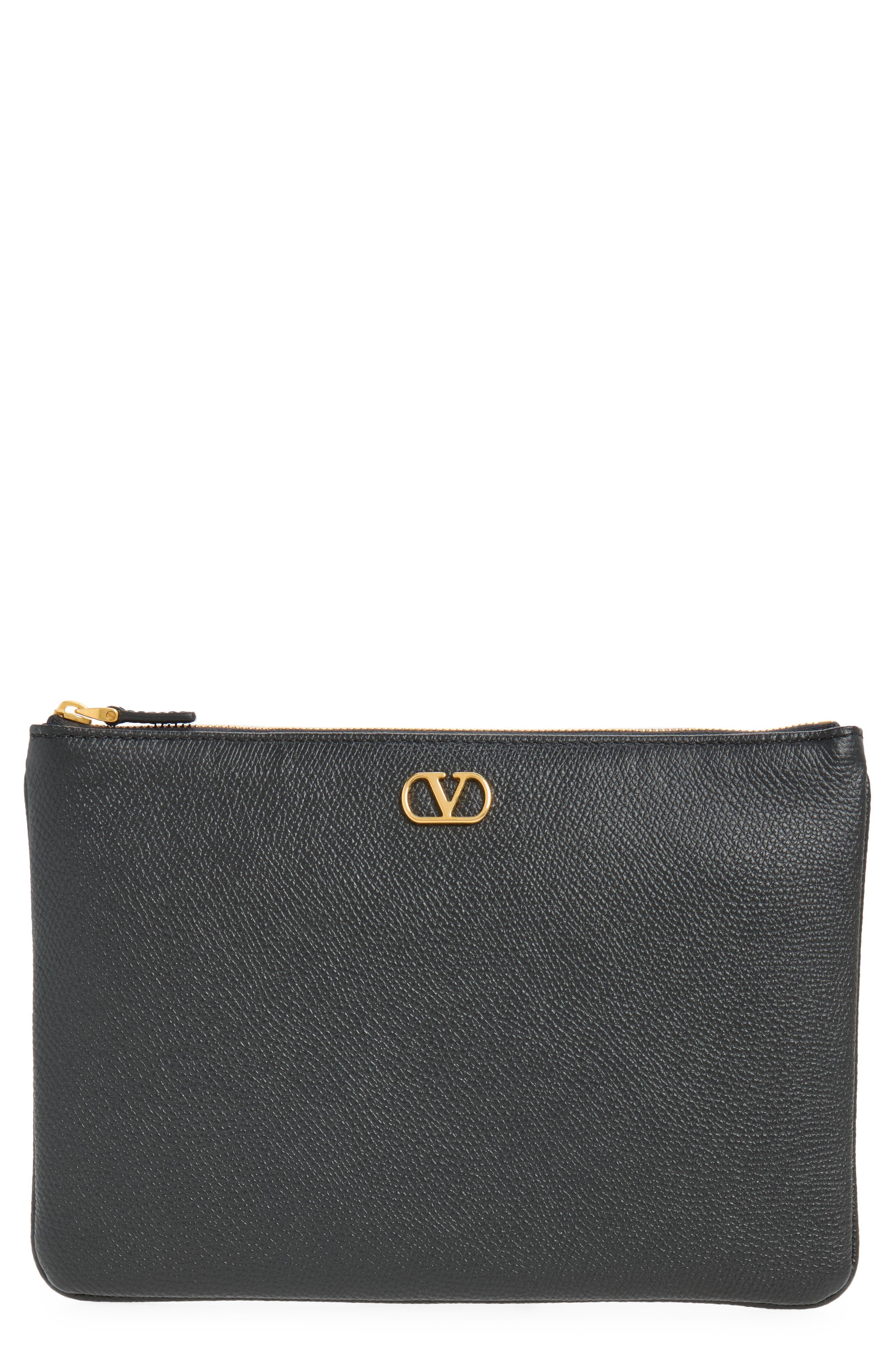 Medium VLOGO Leather Pouch, Main, color, BLACK