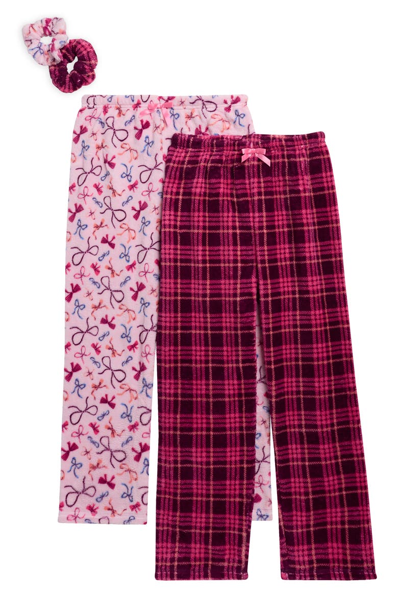 Kids' 2-Pack Fleece Pajama Pants & Scrunchies, Main, color, BOWS / PLAID