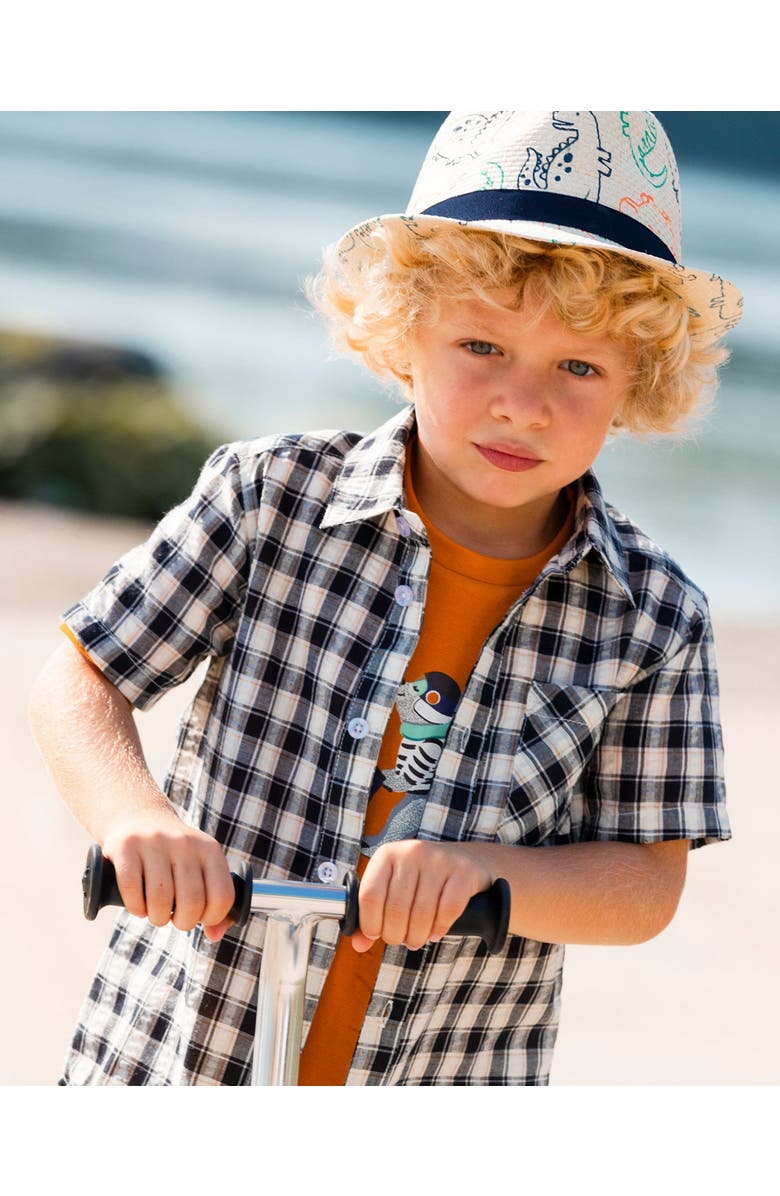 Deux par Deux Boy's Short Sleeve Button Down Shirt Black And Beige Plaid, Alternate, color, 