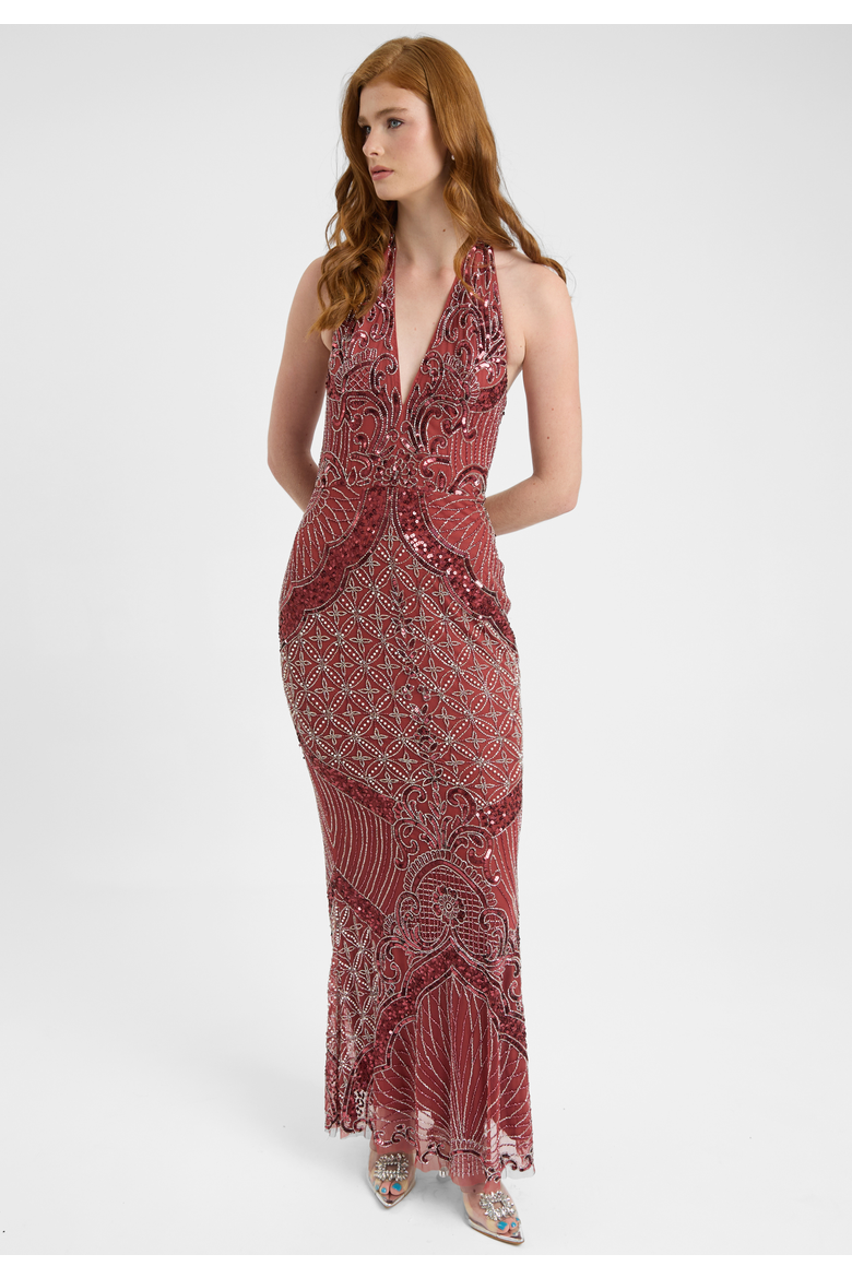 Embellished Sequin Beaded Maxi Dress With Halter Neckline And Deep V-Cut Front, Alternate, color, RUST