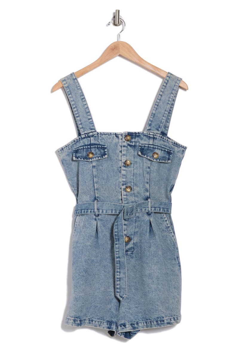 Belted Denim Romper, Alternate, color, MEDIUM WASH