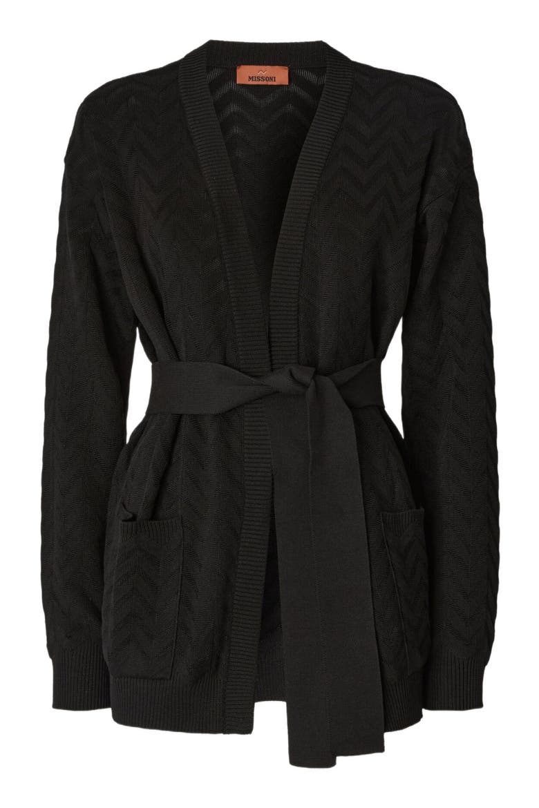 Cardigan In Cotton And Viscose Chevron With Belt, Alternate, color, Black
