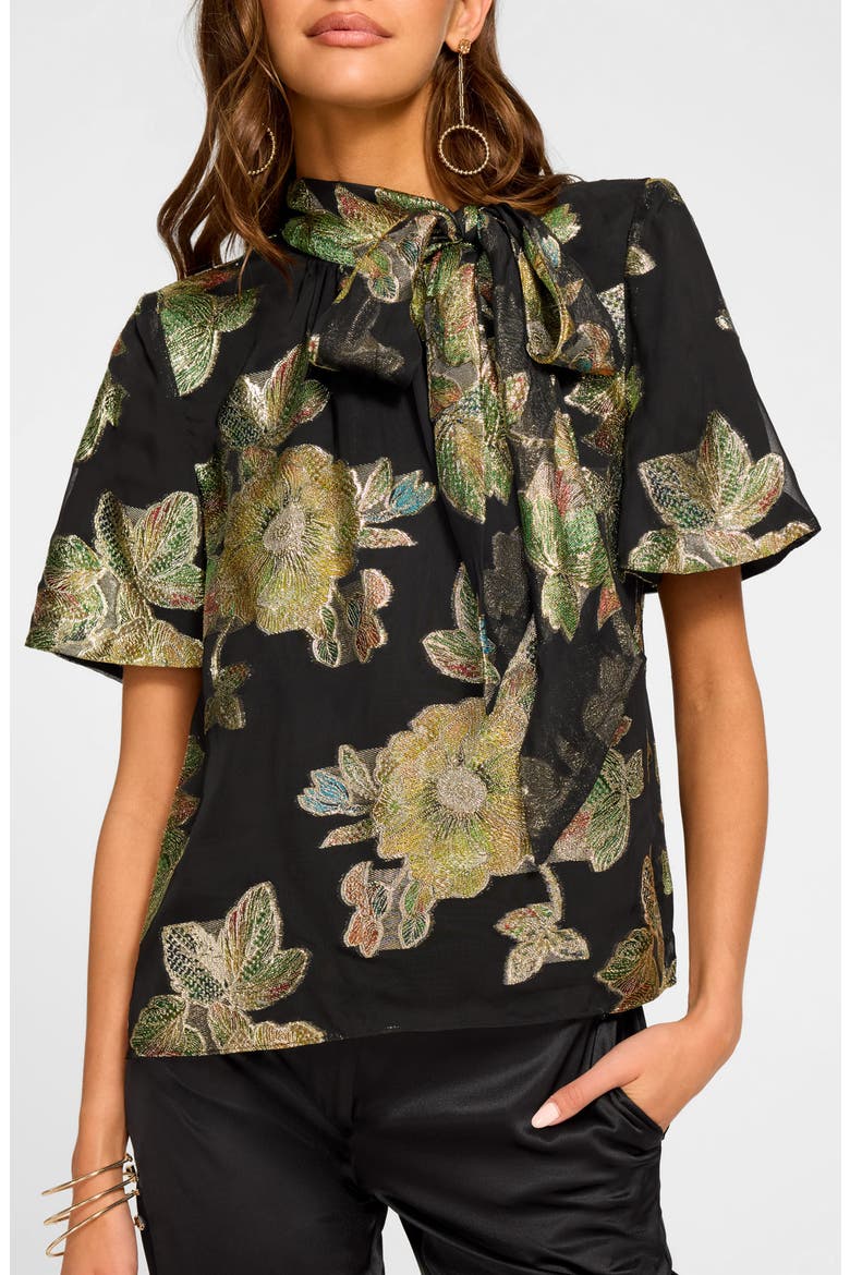 Balinda Floral Metallic Tie Neck Top, Main, color, BLACK METALLIC FLORAL