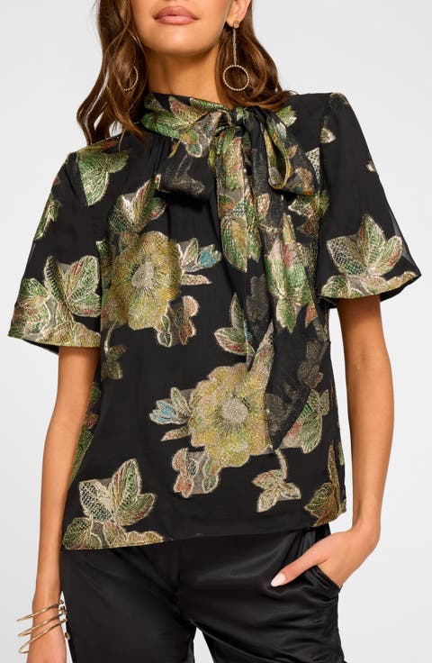 Balinda Floral Metallic Tie Neck Top