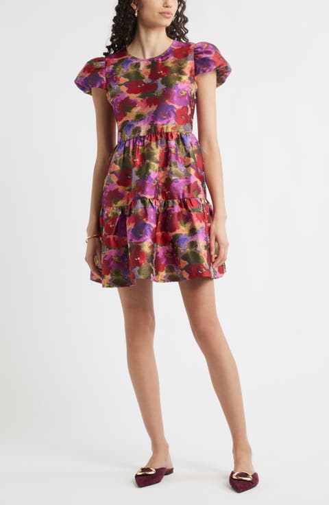 Puff Sleeve Floral Jacquard Tiered Dress