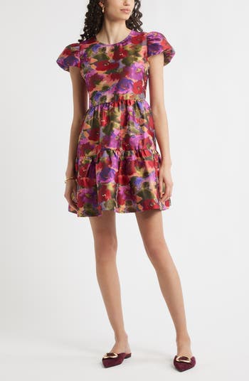 Chelsea28 Puff Sleeve Floral Jacquard Tiered Dress | Nordstrom
