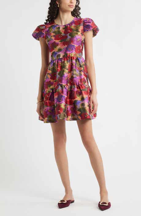 Chelsea28 Puff Sleeve Floral Jacquard Tiered Dress