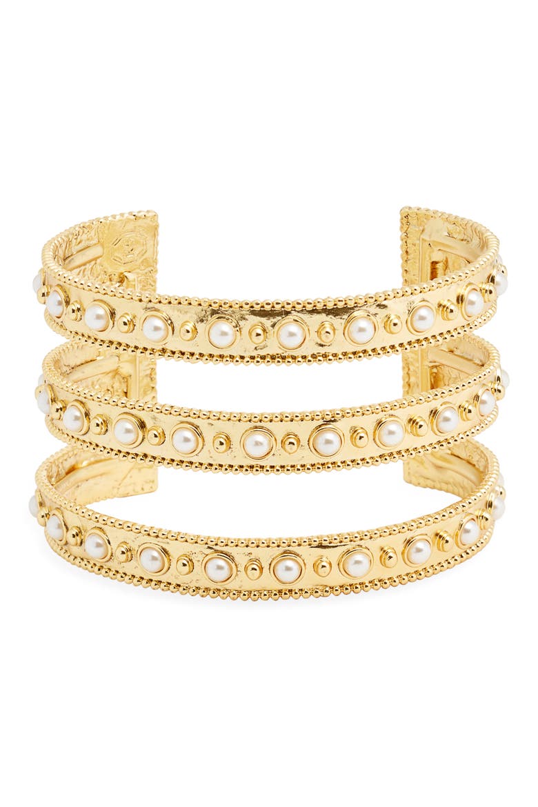 Dots & Faux Pearl Cuff Bracelet, Main, color, GOLD