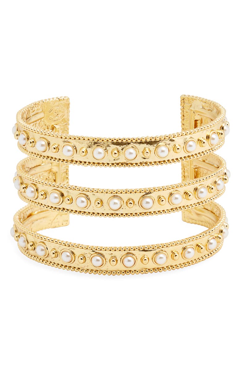 Karine Sultan Dots & Faux Pearl Cuff Bracelet, Main, color, 