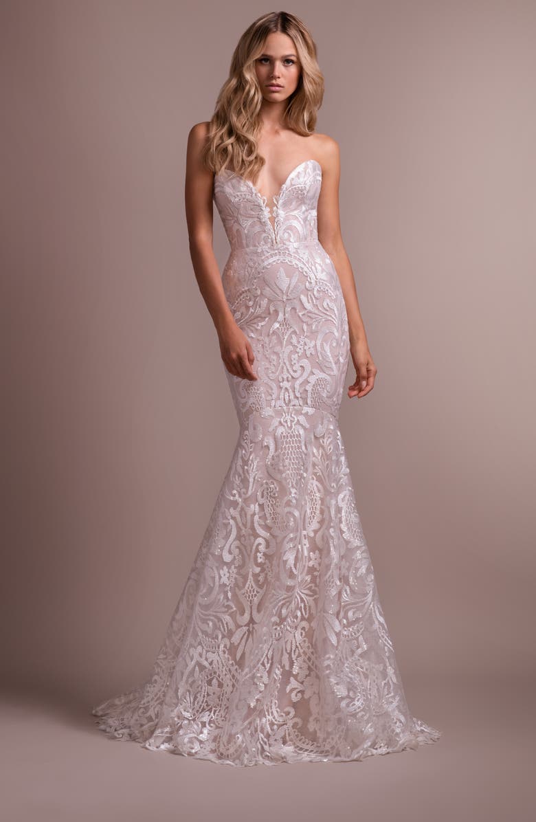 Hayley Paige Elke Strapless Lace Wedding Dress with Overskirt, Alternate, color,