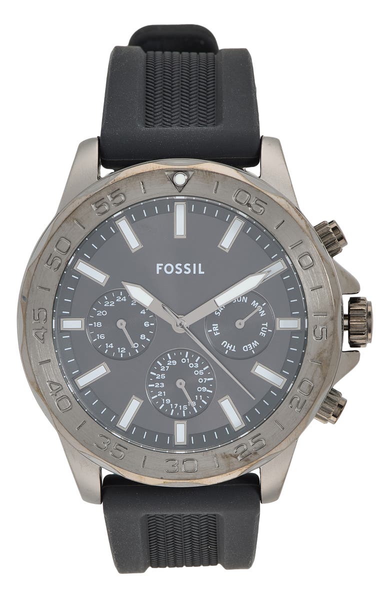 Fossil Bannon Multifunction Silicone Strap Watch, 45mm, Main, color, Gunmetal
