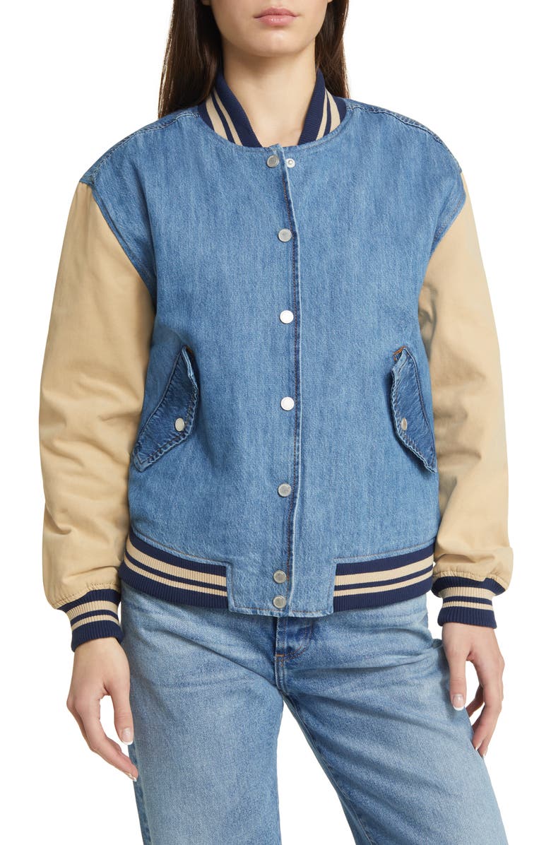 BLANKNYC Mixed Media Denim & Canvas Bomber Jacket, Alternate, color,