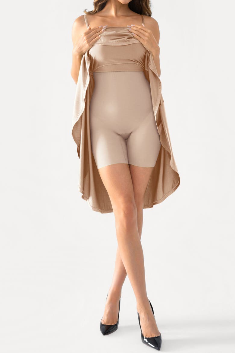 Shapewear Strappy Cowl Neck Vacation & Date Night Fit & Flare Midi Dress, Alternate, color, Champagne