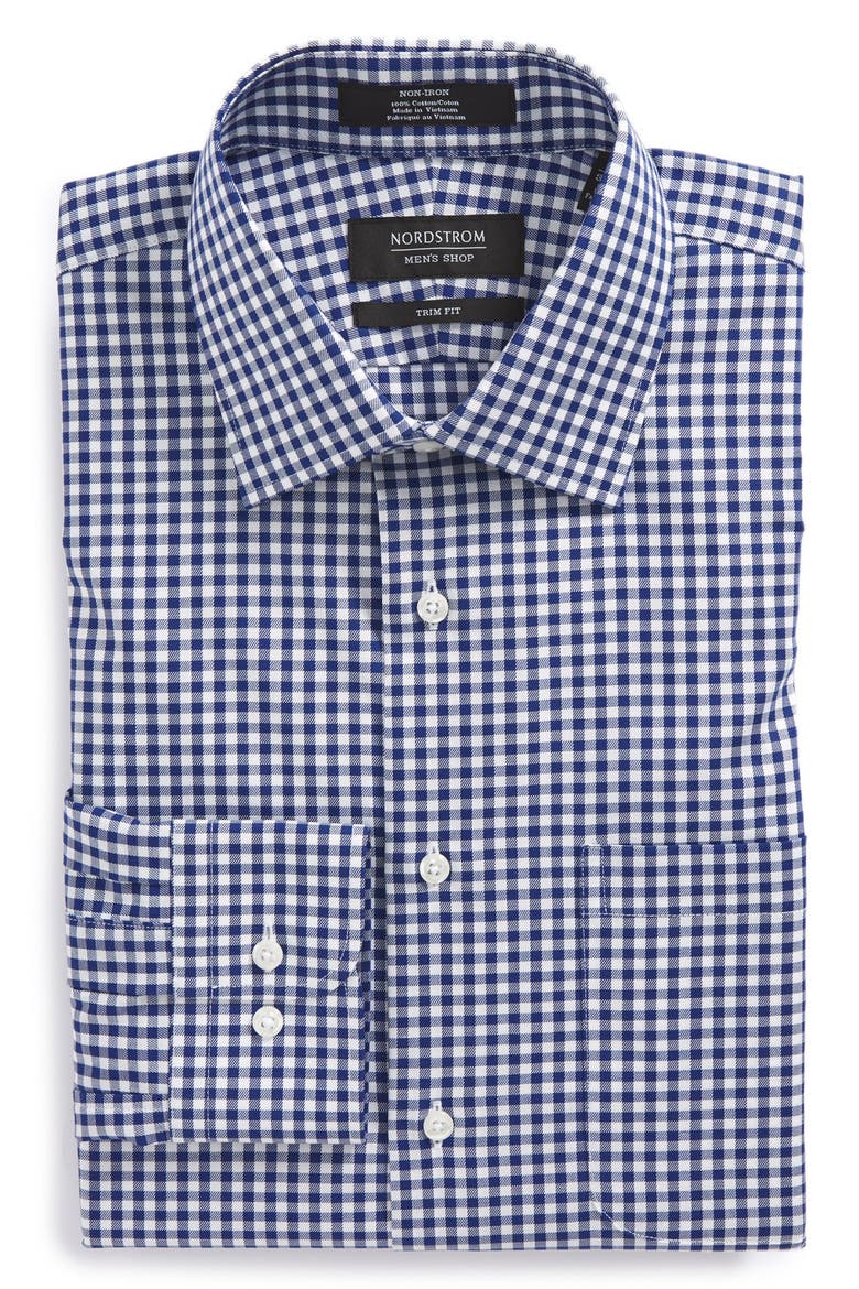 Nordstrom Non-Iron Trim Fit Gingham Dress Shirt, Main, color, NAVY PATRIOT