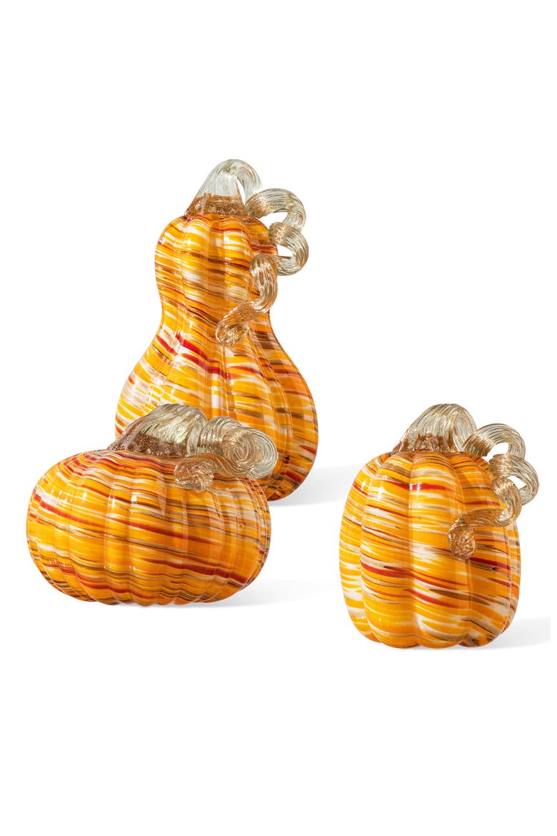 Set of 3 Multi Striped Glass Pumpkin & Gourd, Main, color, Orange