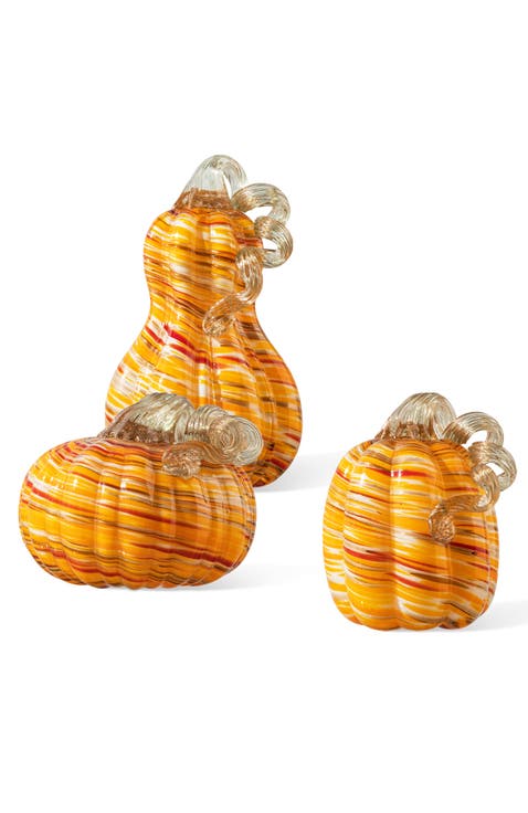 Set of 3 Multi Striped Glass Pumpkin & Gourd