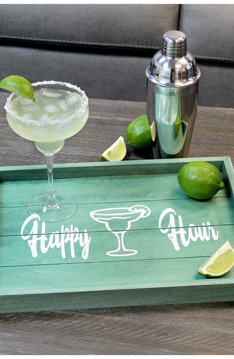 LALIA HOME Decorative Wood Serving Tray with Handles - 15.5" x 12" - "Happy Hour", Alternate, color, Aqua Wash