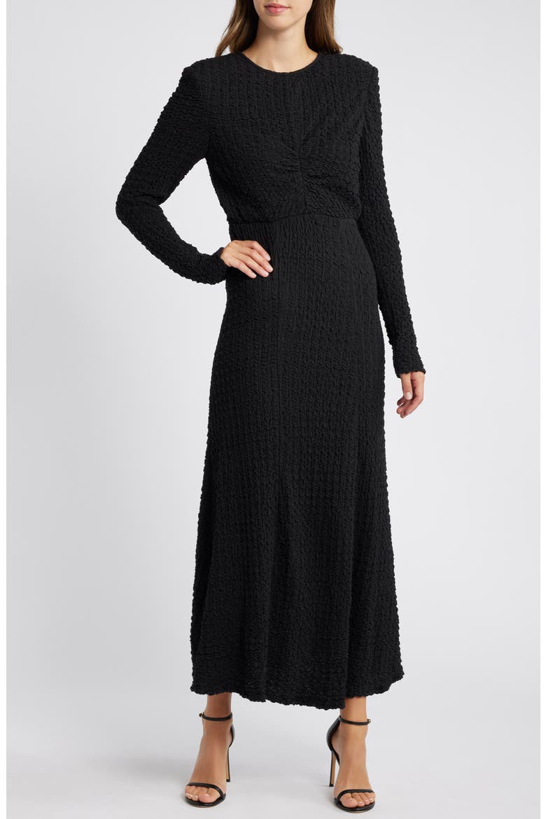 Textured Long Sleeve Midi Dress, Main, color, BLACK