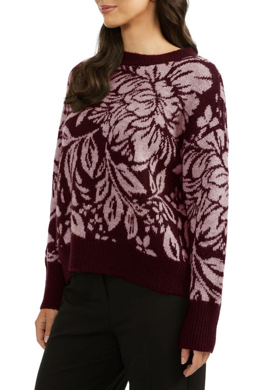 Ellen Tracy Floral Jacquard Sweater In Wine Tasting