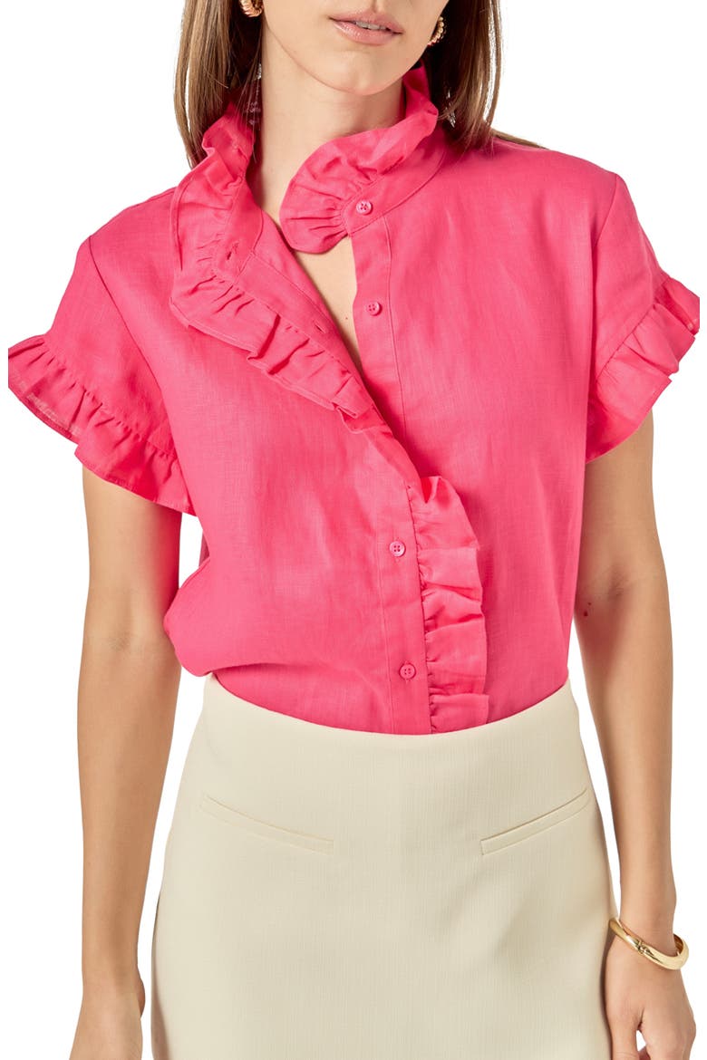Ruffle Trim Linen Button-Up Shirt, Main, color, FUCHSIA