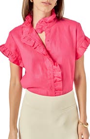 English Factory Ruffle Trim Linen Button-Up Shirt