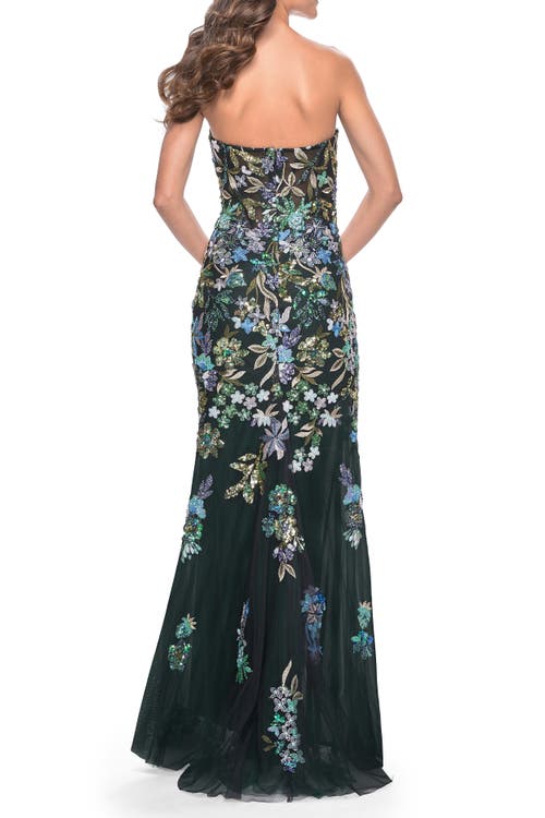 La Femme Multi Color Lace Floral Applique On Fitted Strapless Gown