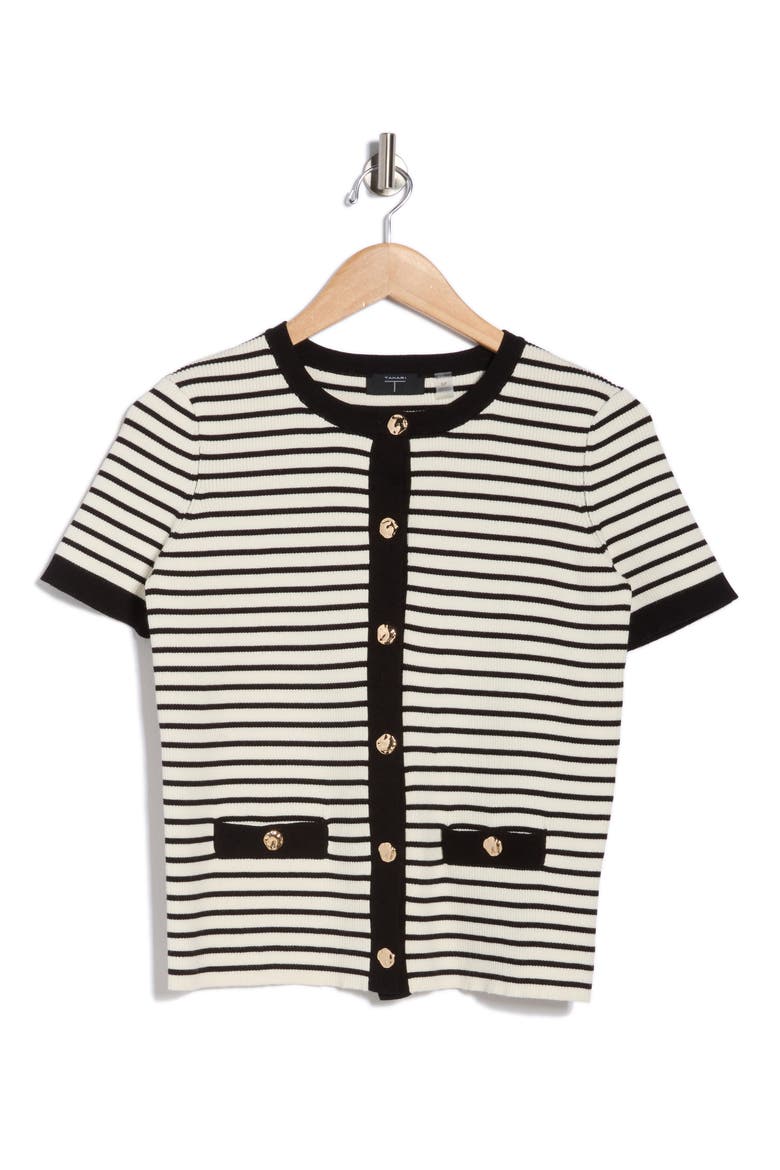 Stripe Short Sleeve Crop Cardigan, Alternate, color, WHITE/ BLACK