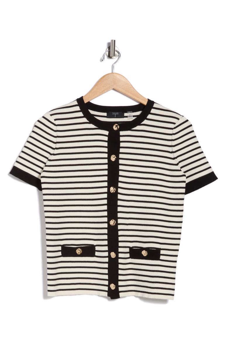 T Tahari Stripe Short Sleeve Crop Cardigan, Main, color, White/ Black