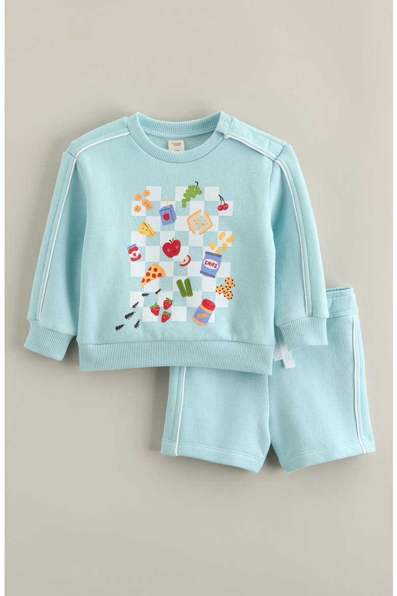 Fleece Graphic Sweatshirt & Shorts Set, Main, color, BLUE PICNIC SNACKS- BLUE