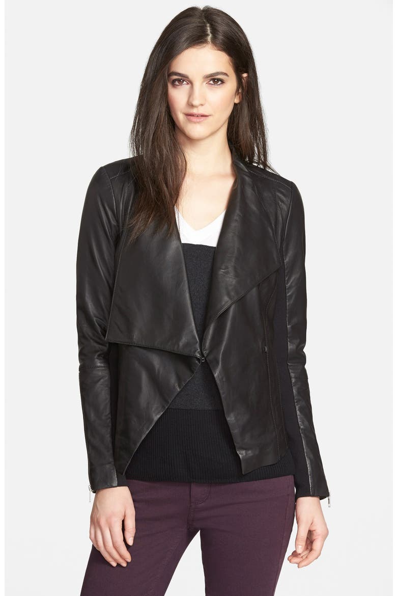 Drape Collar Leather Jacket, Main, color, BLACK