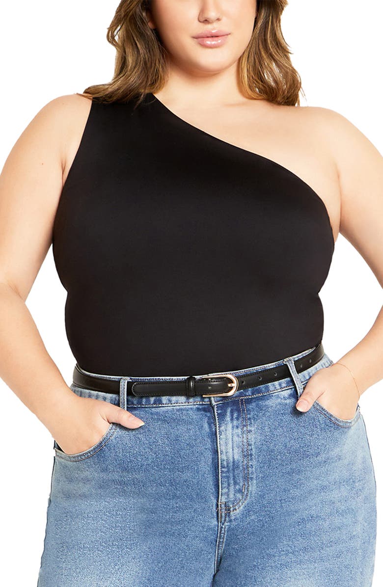 City Chic Swept Away One-Shoulder Top, Main, color, Black
