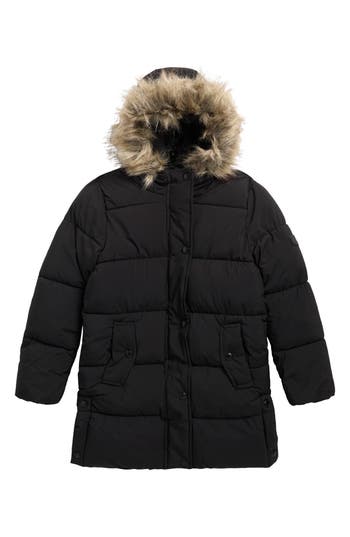 Sam Edelman Kids' Expedition Puffer Parka With Faur Fur Trim Hood In Black