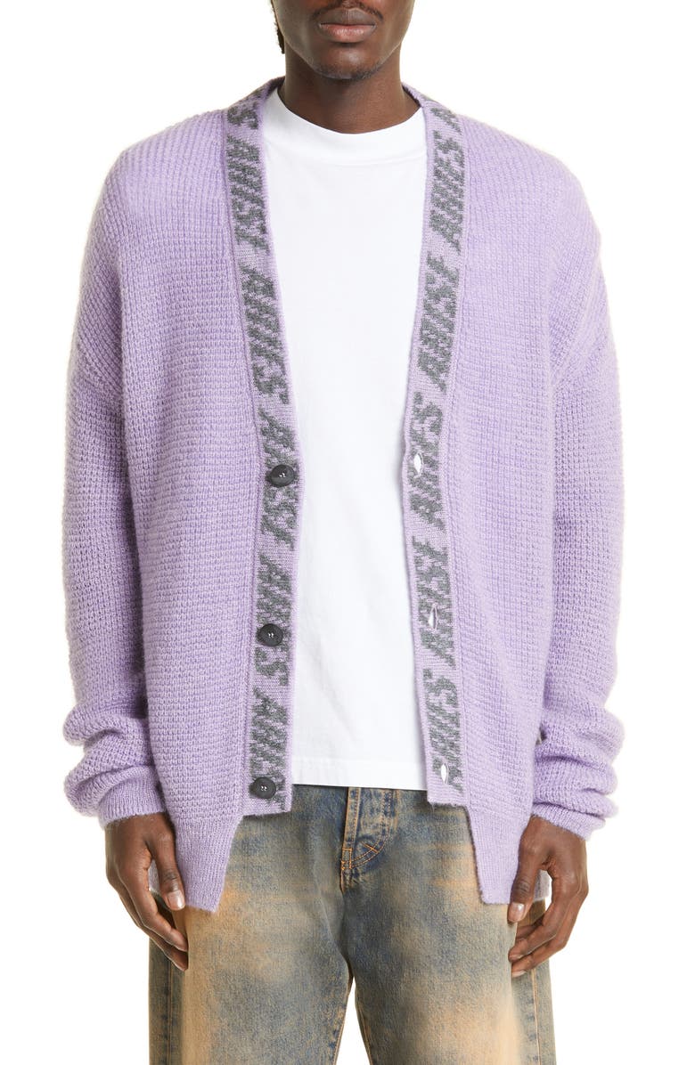Aries Logo Jacquard Waffle Stitch V-Neck Cardigan, Main, color, 