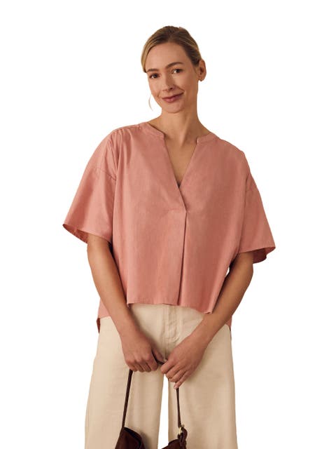 Short Sleeve V-Neck Dipped Hem Blouse