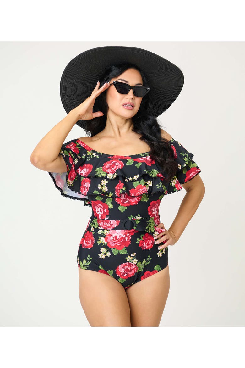 Off Shoulder Nantucket Swimsuit, Alternate, color, Black Cabbage Rose Print