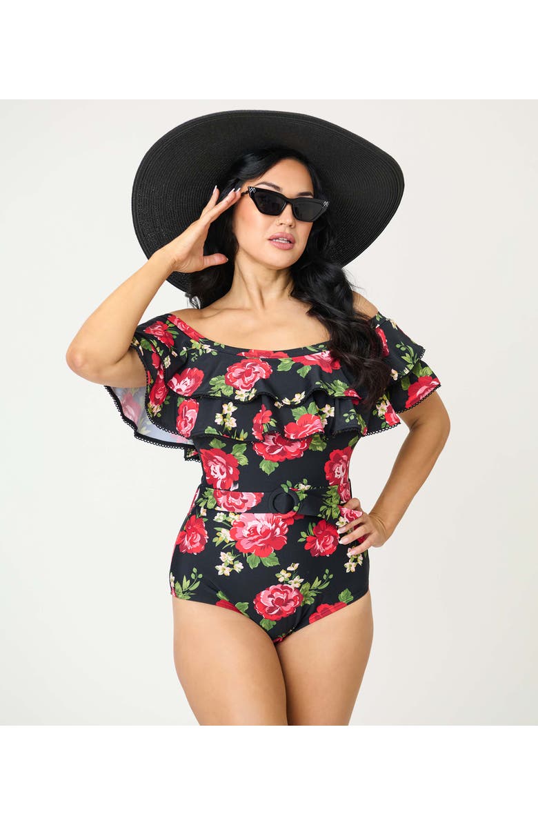 Unique Vintage Off Shoulder Nantucket Swimsuit, Alternate, color, Black Cabbage Rose Print