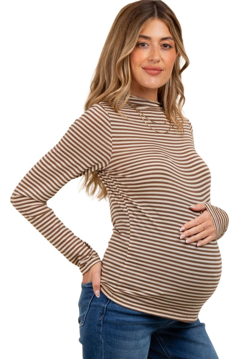 Striped High Neck Long Sleeve Top, Alternate, color, Mocha