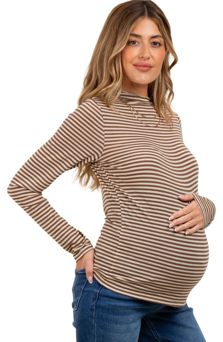 PinkBlush Striped High Neck Long Sleeve Top, Alternate, color, Mocha