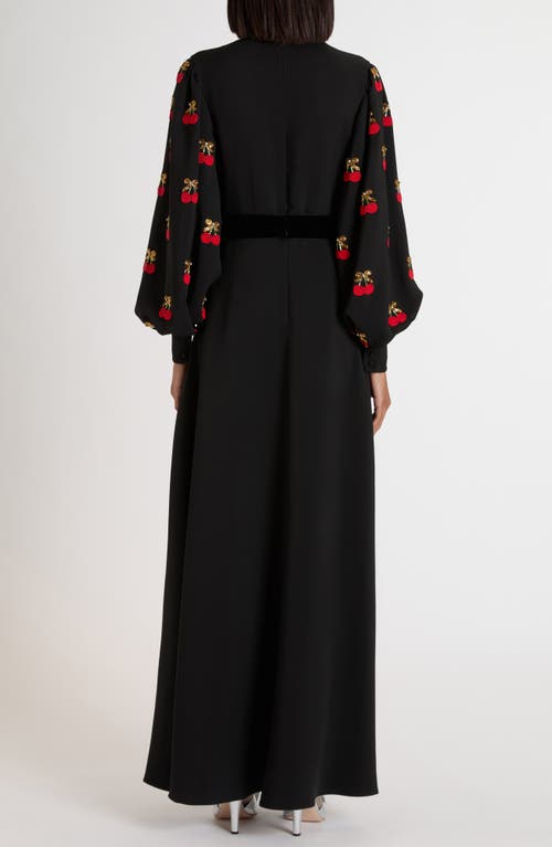 Valentino Garavani Cherryfic Beaded Long Sleeve Silk Gown In Black