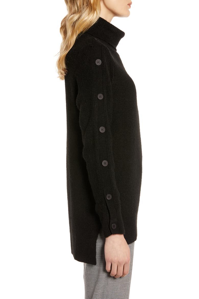 Button Sleeve Turtleneck Sweater, Alternate, color, BLACK