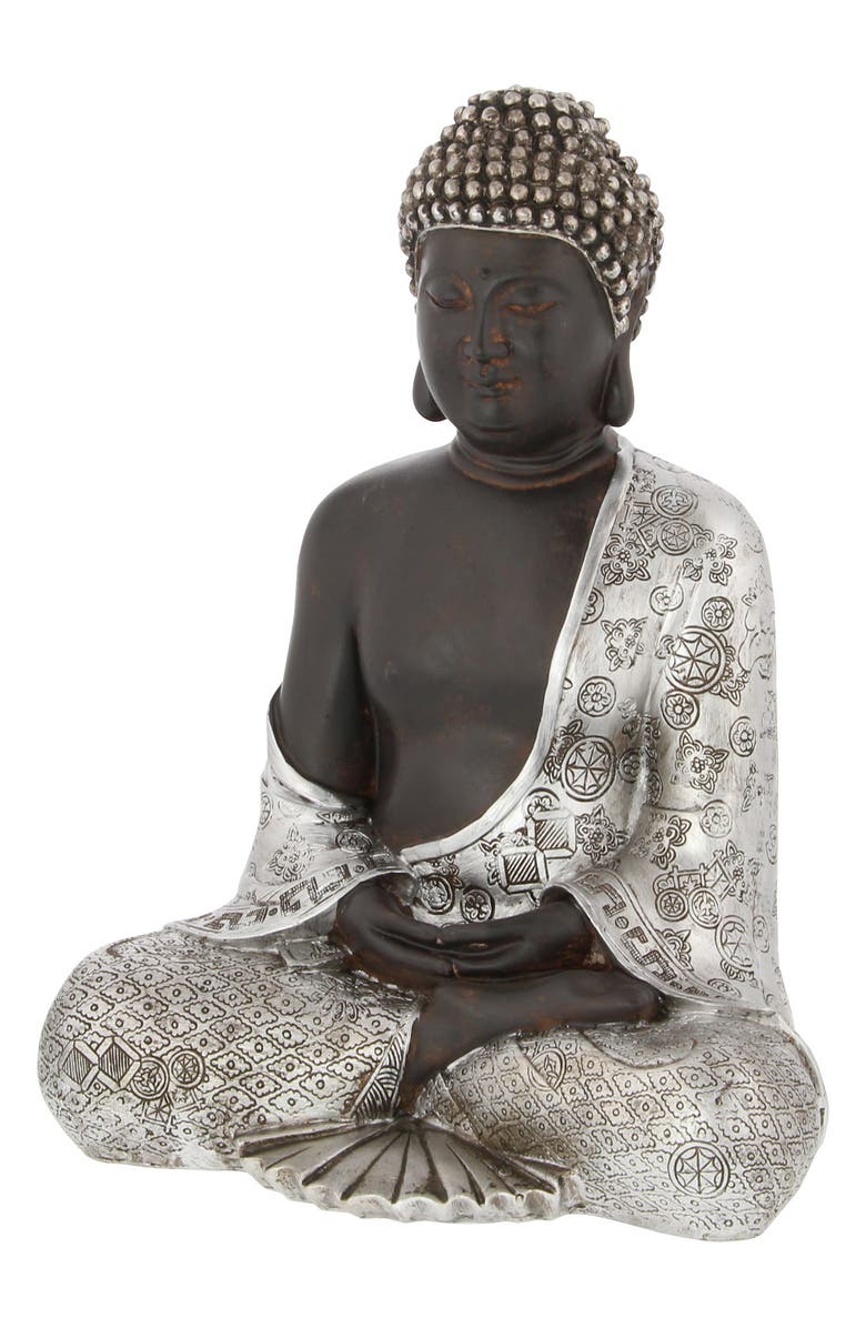 UMA Silvertone Polystone Bohemian Buddha Sculpture with Engraved Carvings and Relief Detailing, Alternate, color,