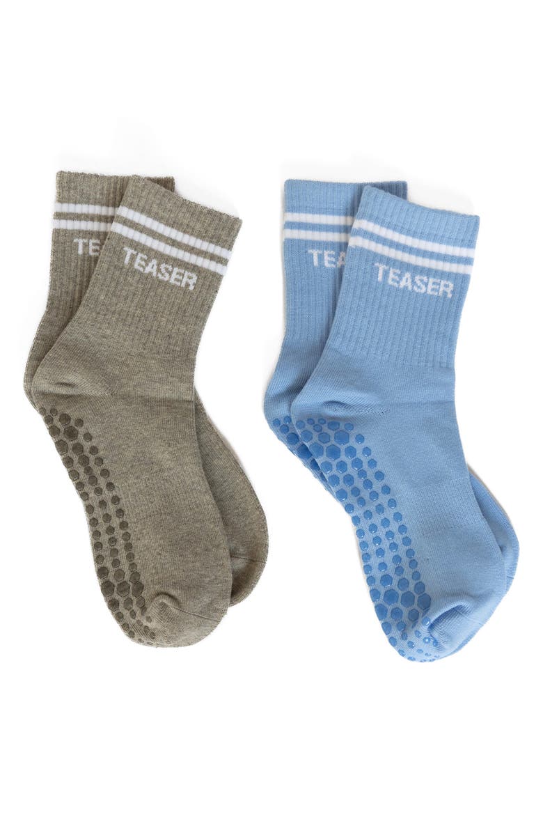 Pilates University 1883 Assorted 2-Pack Teaser Nonslip Grip Crew Socks, Main, color, Baby Blue/ Heather Grey