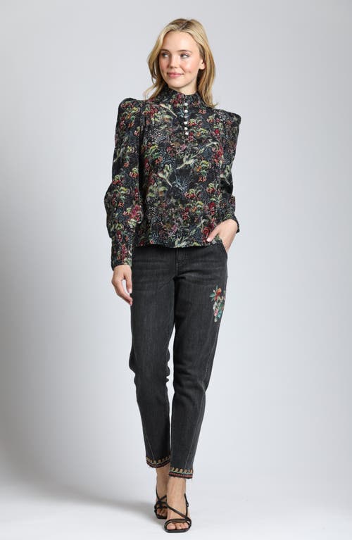 Apny Puff Shoulder Button Front Top In Black/green Multi