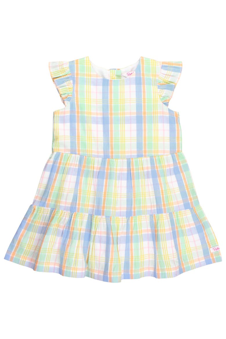 Girls Flutter Sleeve Tiered Dress, Main, color, Clubhouse Rainbow Plaid