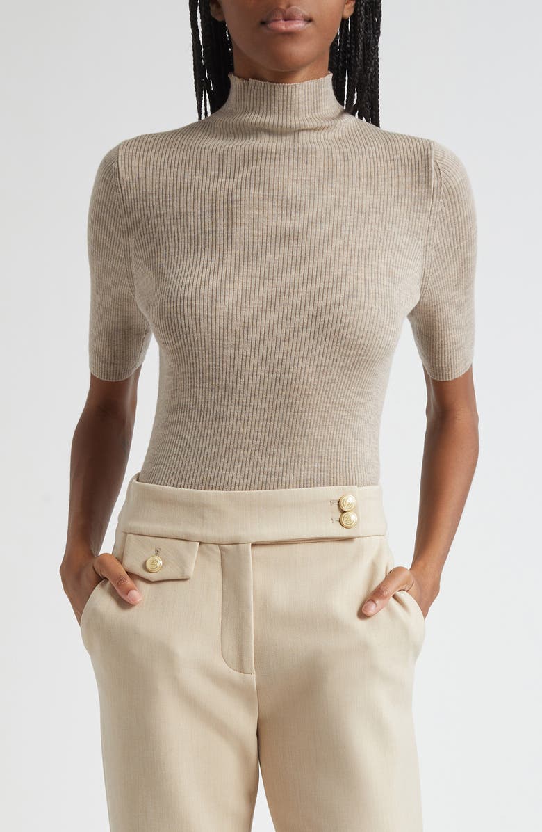 Veronica Beard Alastair Rib Short Sleeve Merino Wool Sweater, Main, color, Oatmeal Melange