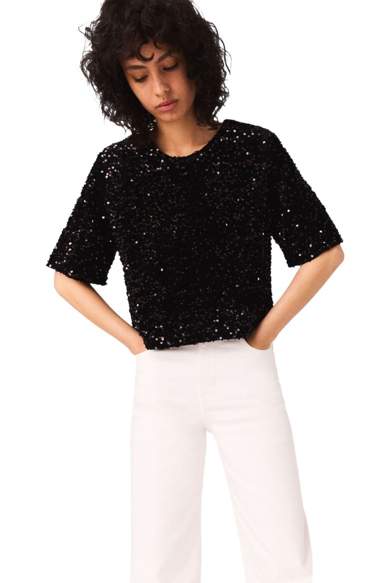 Sequinned velvet top, Alternate, color, Black