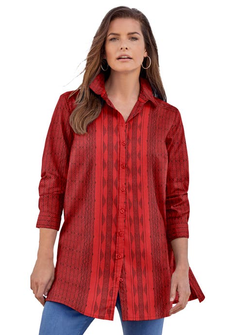 Kate Long-Sleeve Crisp Cotton-Blend Button-Front Tunic (Plus)