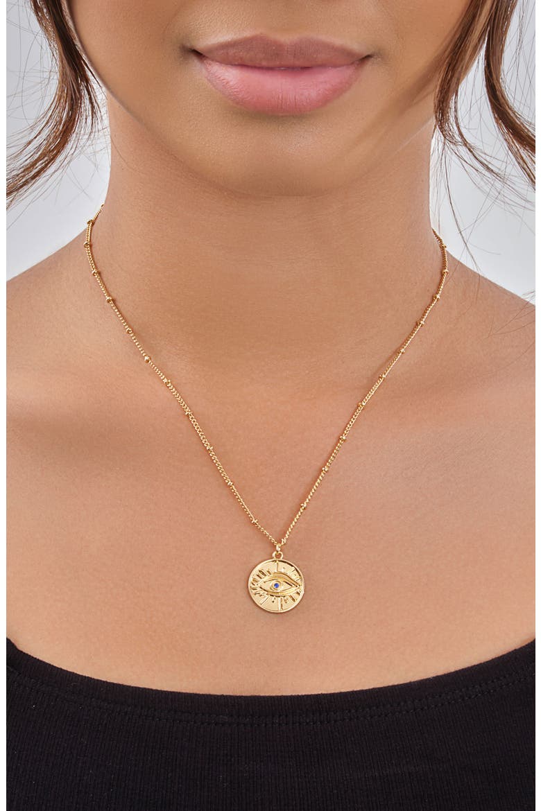 CZ Evil Eye Coin Pendant Necklace, Alternate, color, GOLD